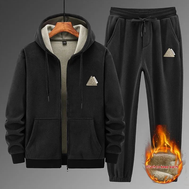 Grey cashmere hooded sweater and cotton pants sports suit set on a hanger