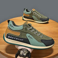 Men's low-top green and grey mesh running shoes with lace-up front.