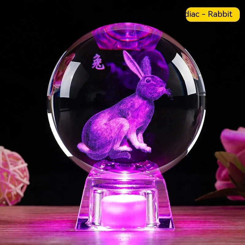 White crystal ball zodiac lamp with Chinese style design and electronic base showing zodiac symbol