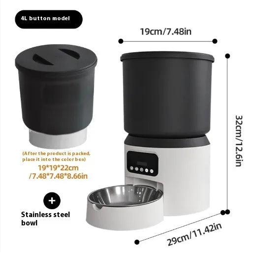 4L smart pet feeder with control panel, food hopper, and optional stainless steel bowl for cats and dogs.