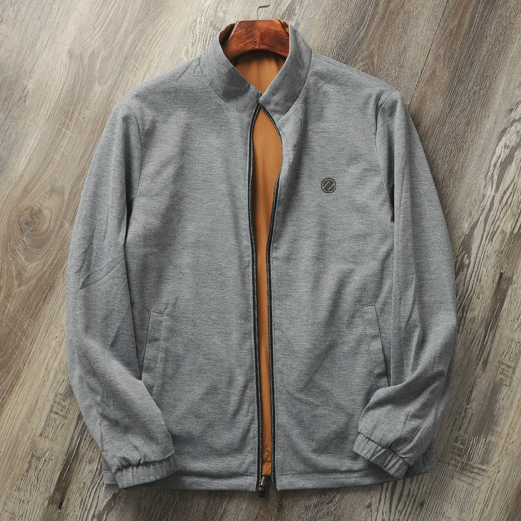 Men's stand collar business casual jacket in polyester with cotton lining, shown in Army Green colour