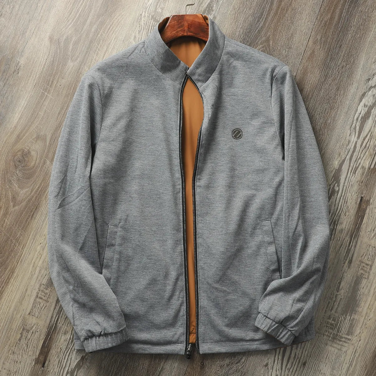Men's stand collar business casual jacket in polyester with cotton lining, shown in Army Green colour