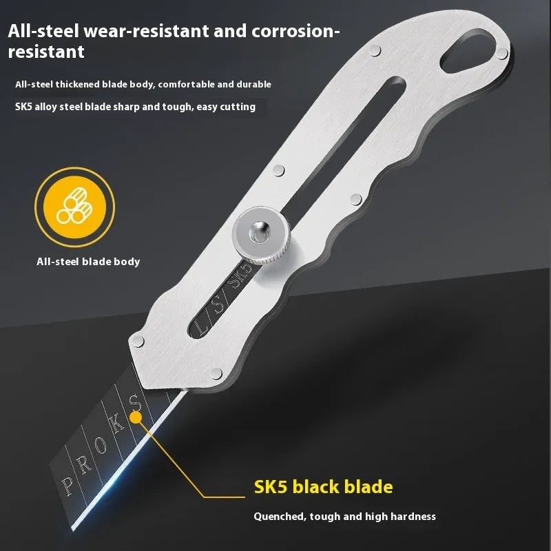 Stainless steel folding utility knife and art knife with black blade, plus spare long and trapezoidal blades.