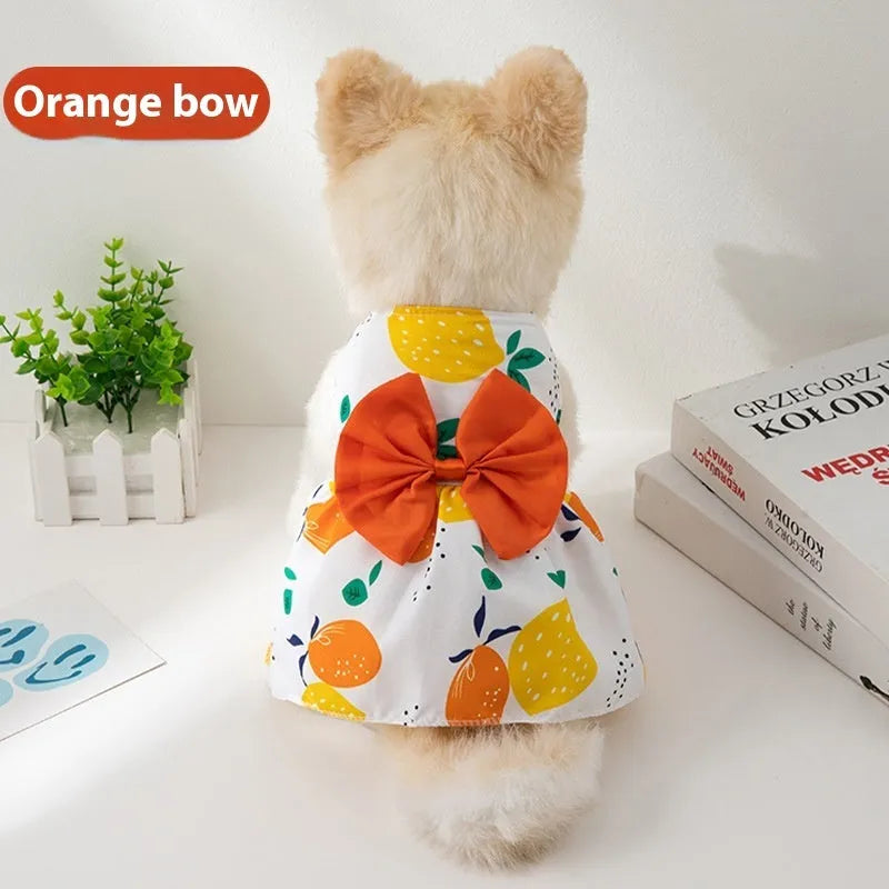 Orange bow summer pet dress with floral butterfly pattern on a dog, showing princess-style thin polyester construction.
