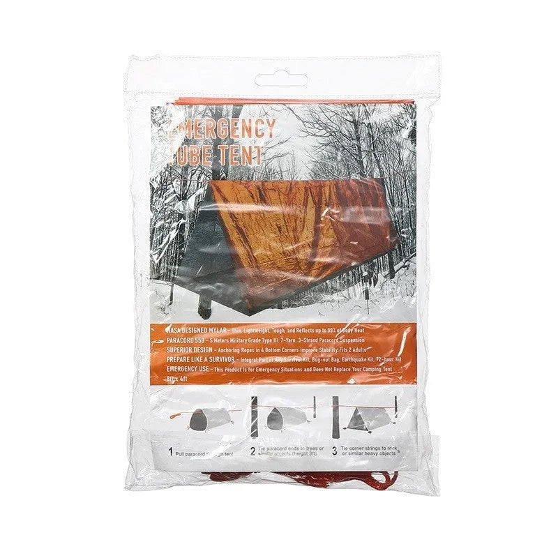 Orange portable outdoor disaster relief tent with emergency blanket and whistle accessory
