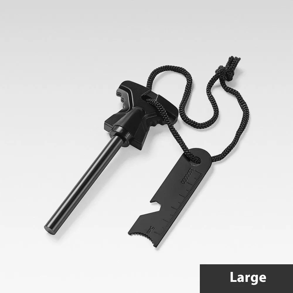 Stainless steel butterfly-shaped point firestone survival tool with bottle opener, shown with large and small size options.