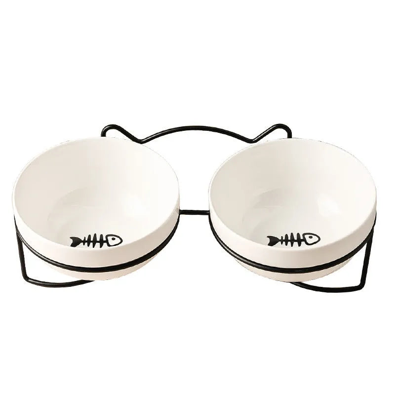 White ceramic pet bowl with cat footprints pattern in black iron cat ear frame