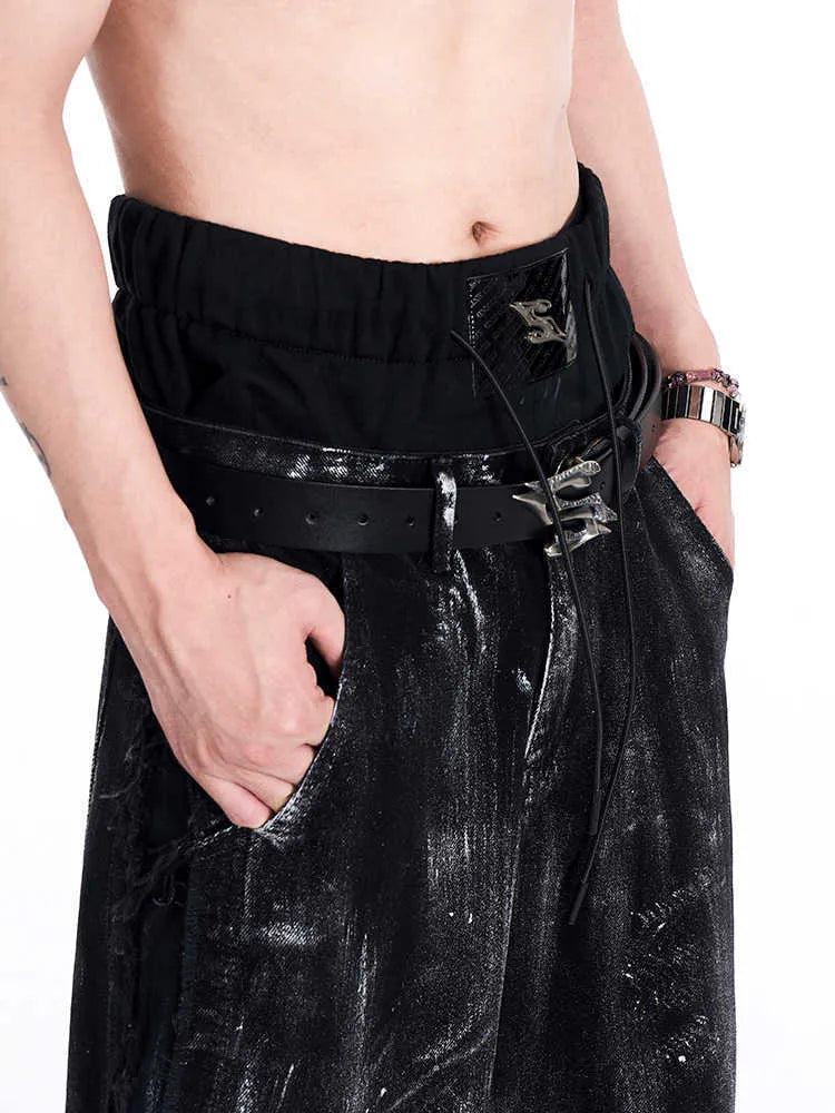 Black two-layer cowhide men's leather belt with metal letter buckle, length 110 cm