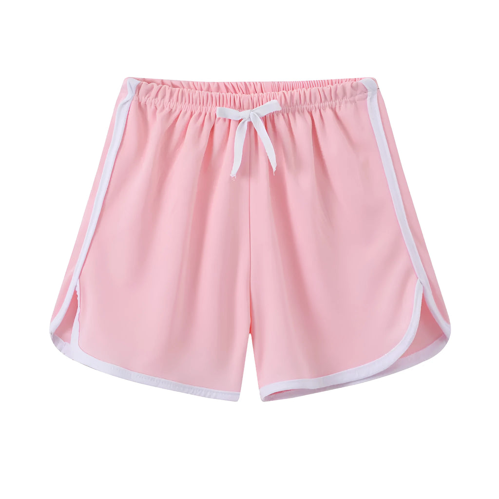 Children's colourful polyester beach shorts showing patterns like leopard print, stripes, and pineapples.