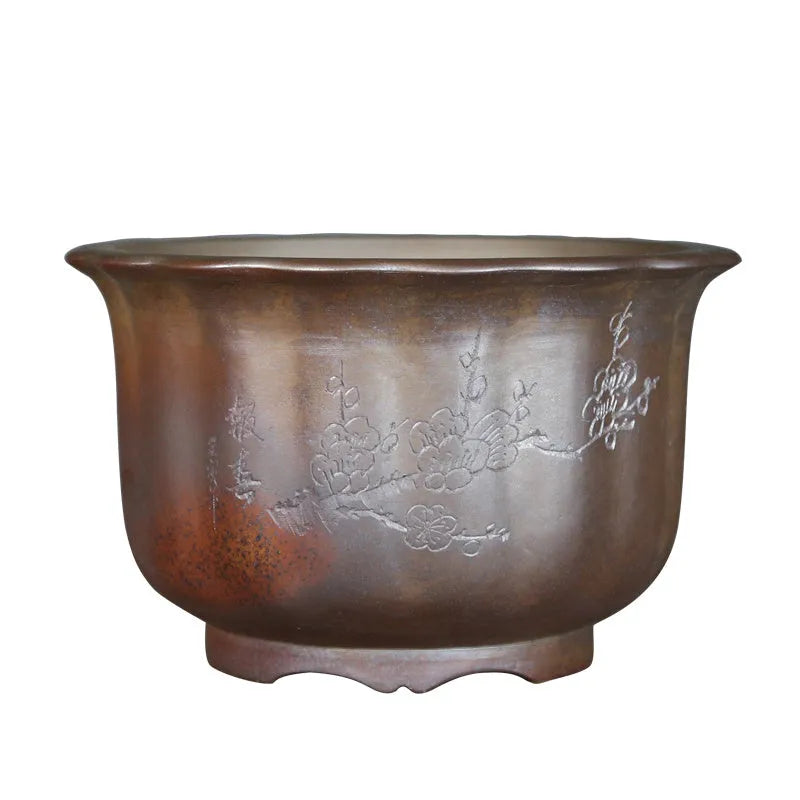 Purple sand ceramic flower pot with antique carved wood burning decoration