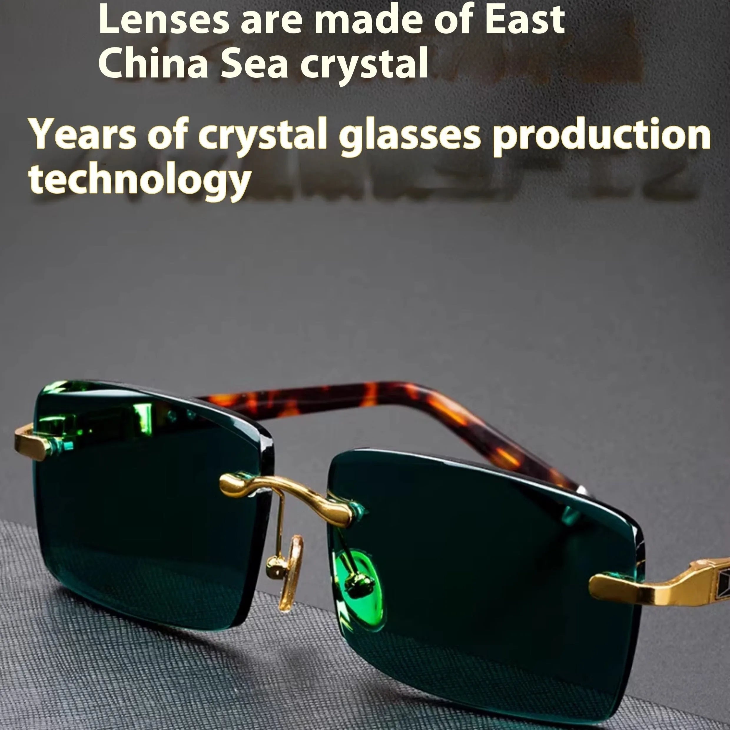 Frameless dark green crystal glasses with sunshade function shown with case and cleaning cloth