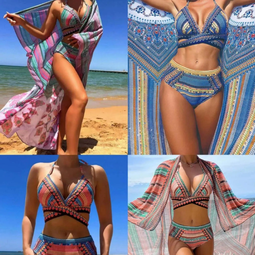 Three-piece high waist bikini swimsuit set with bandage design and veil details