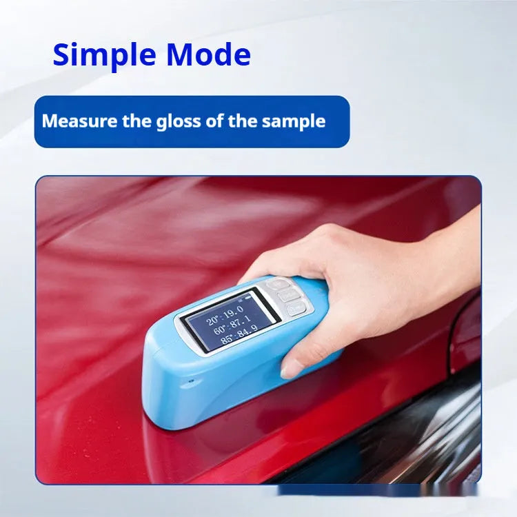 Portable handheld gloss meter for testing ceramic, glass, and paint surface shine.