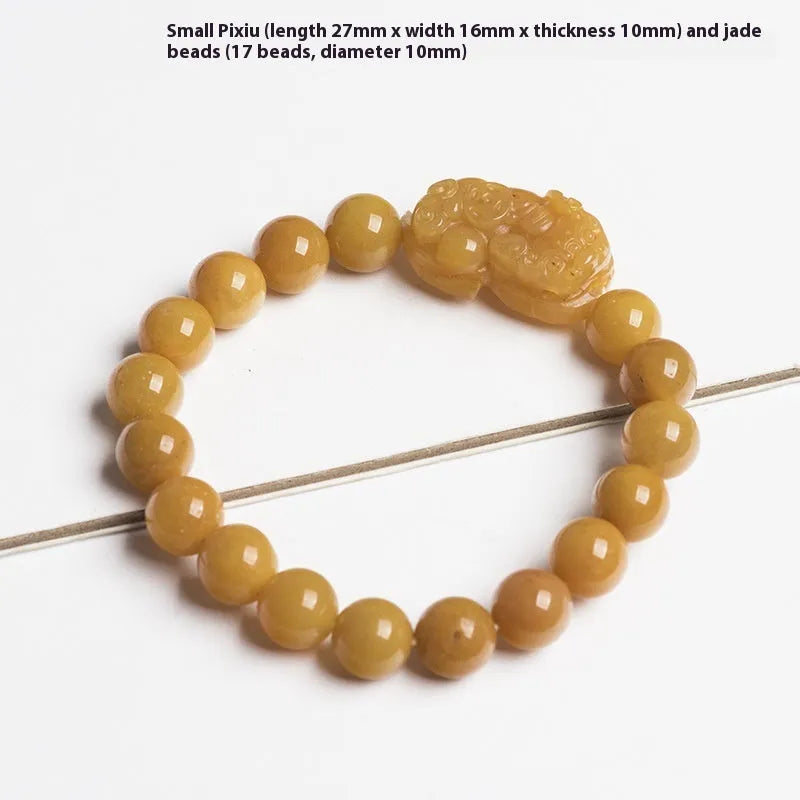 Hand-carved Jinsi Jade money bracelet showing golden thread colour, available in large or small sizes with different bead diameters.