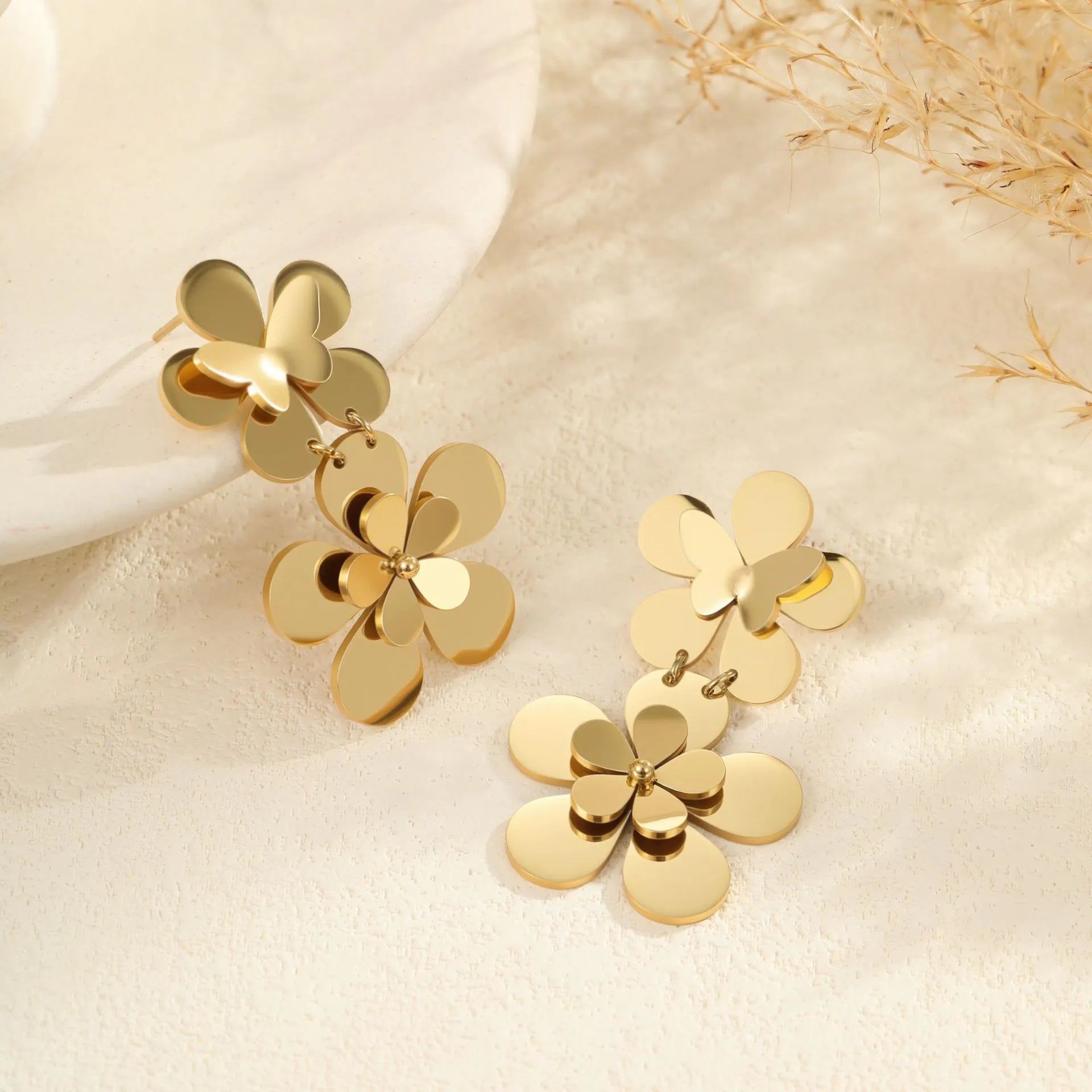 Gold flower butterfly stainless steel earrings for women with 18K electroplating