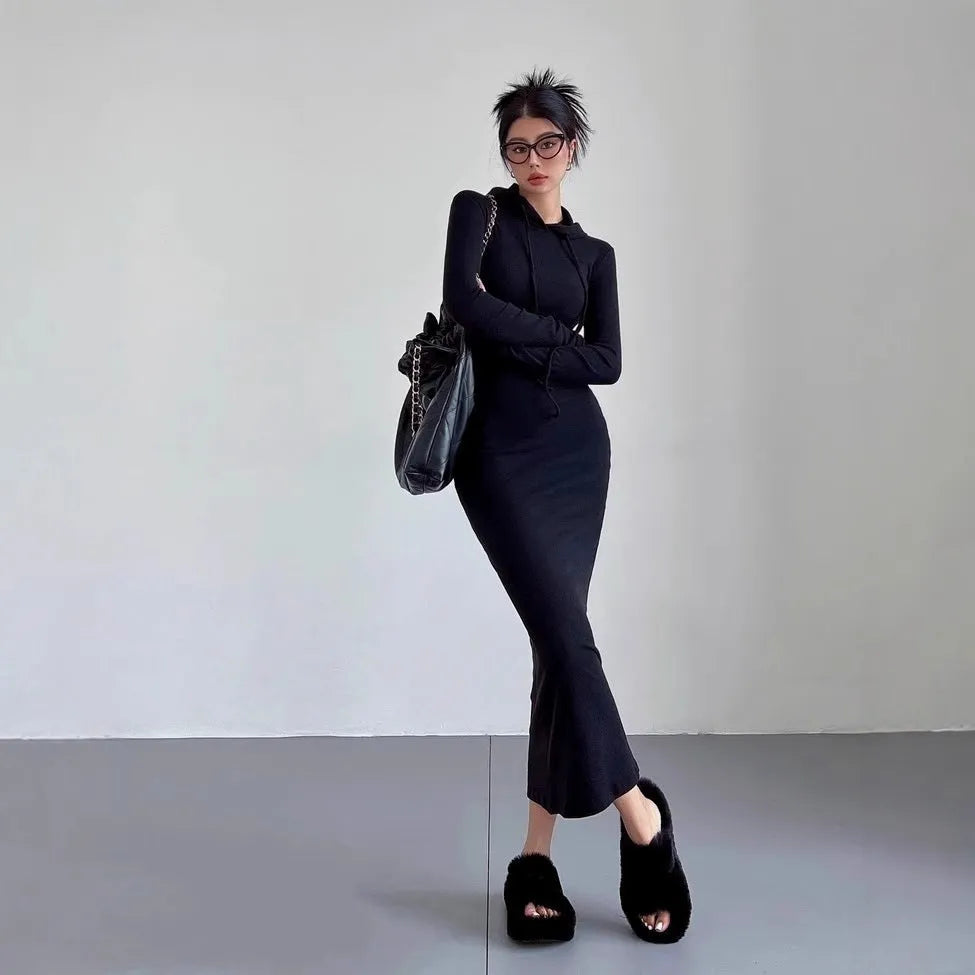 Women's grey hooded long sleeve sheath dress with high waist and over-the-knee length.