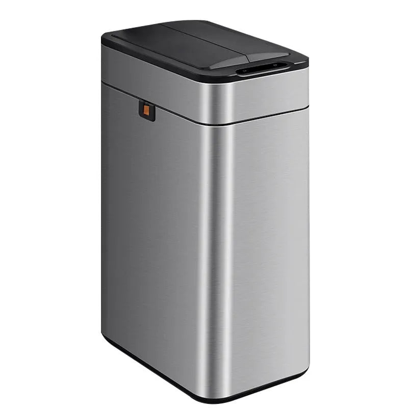 Stainless steel inductive smart trash can with square bucket design and sensor lid.