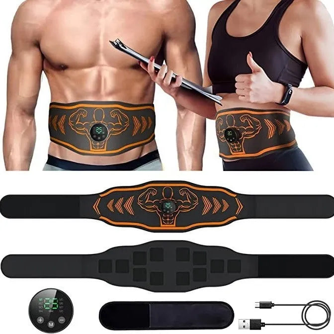 Smart EMS massage belt fitness equipment showing rechargeable host unit and adjustable belt