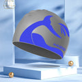 Silicone swim cap with whale tail pattern and built-in ear protectors in assorted colours.