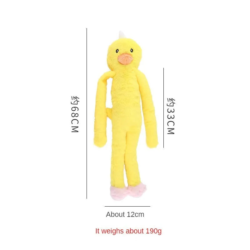 Large pink and yellow plush dog toy with squeaker and rattle paper for golden retriever chewing
