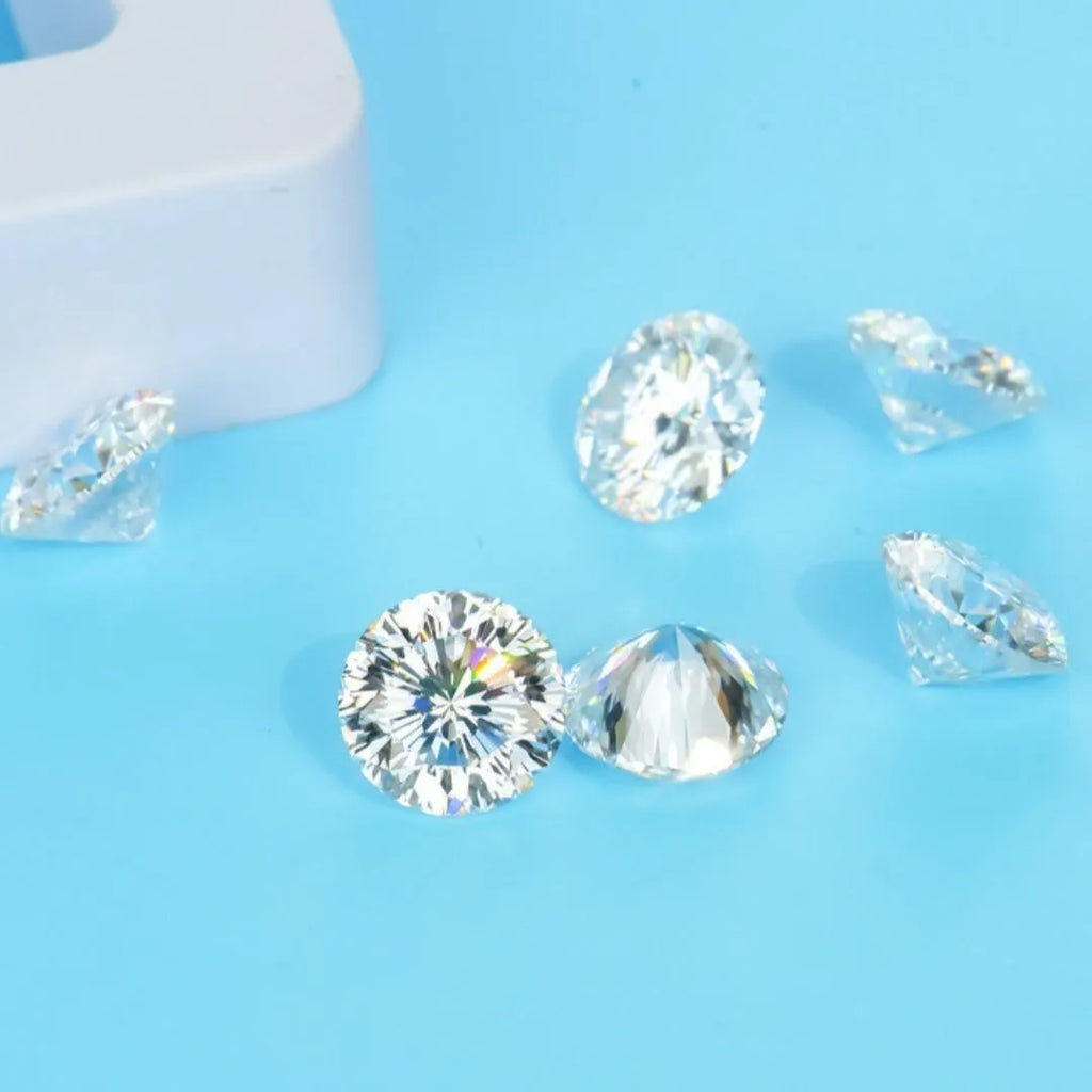Round moissanite gem stone with eight hearts and eight arrows cut showing light reflection patterns