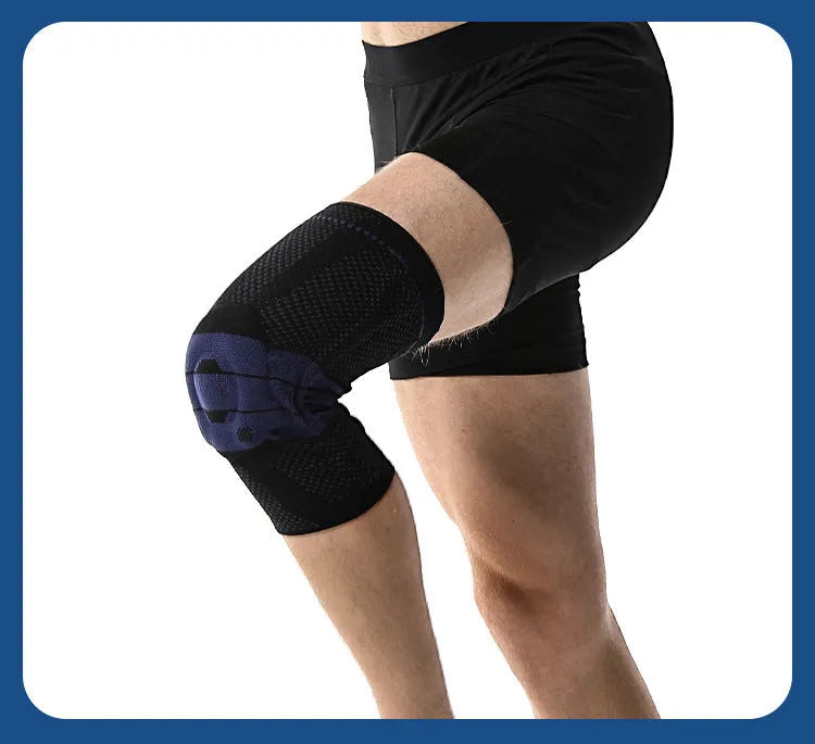 Adult black and blue sports knee pads made from nylon and spandex, shown on a knee.