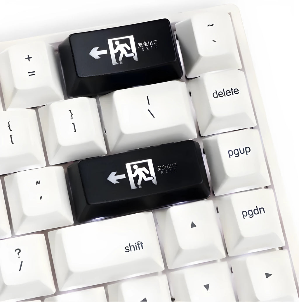 Transparent mechanical keyboard keycap with safety evacuation exit icon in red or black