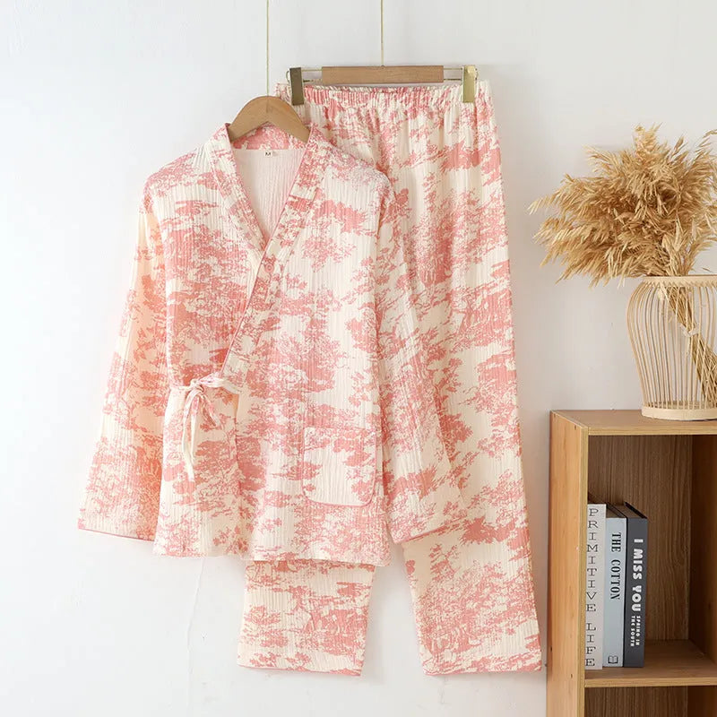 Ladies pure cotton gauze lace-up long sleeve trousers suit in pink blue and green frosted pine trees colours