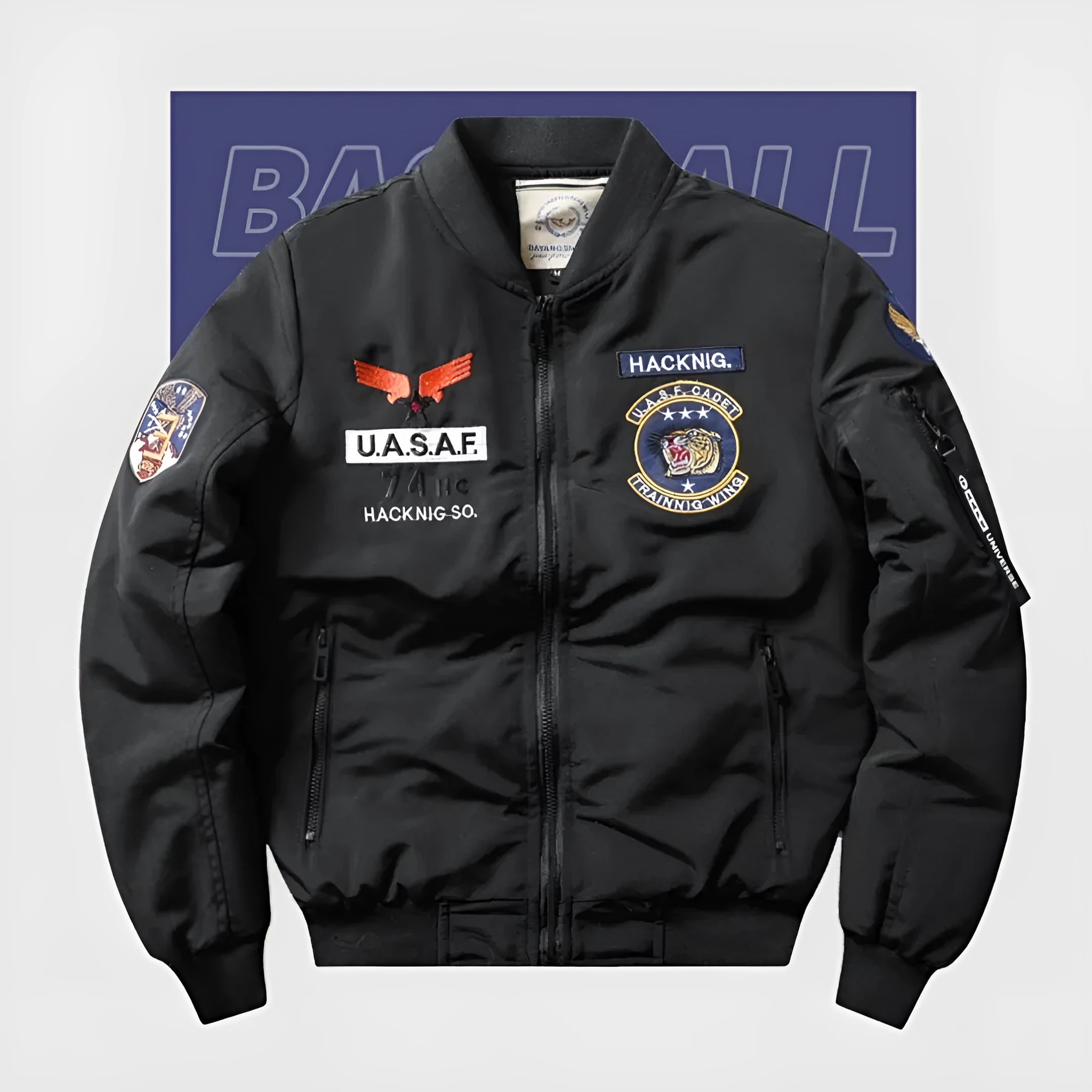 Men's retro Harley motorcycle cotton-padded coat with stand collar and embroidery in solid colour