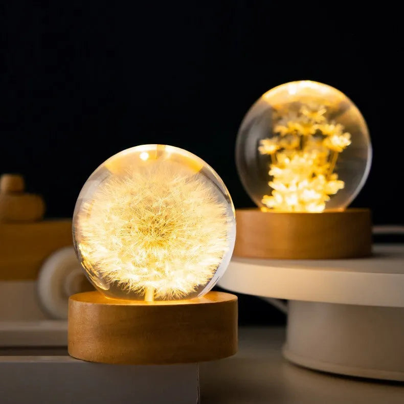 3D dandelion crystal ball night light on beech wood base with preserved flowers inside 6cm resin sphere