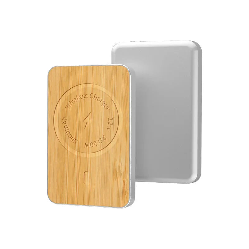 Khaki-coloured magnetic wireless charging bank with 5000mAh capacity and USB port