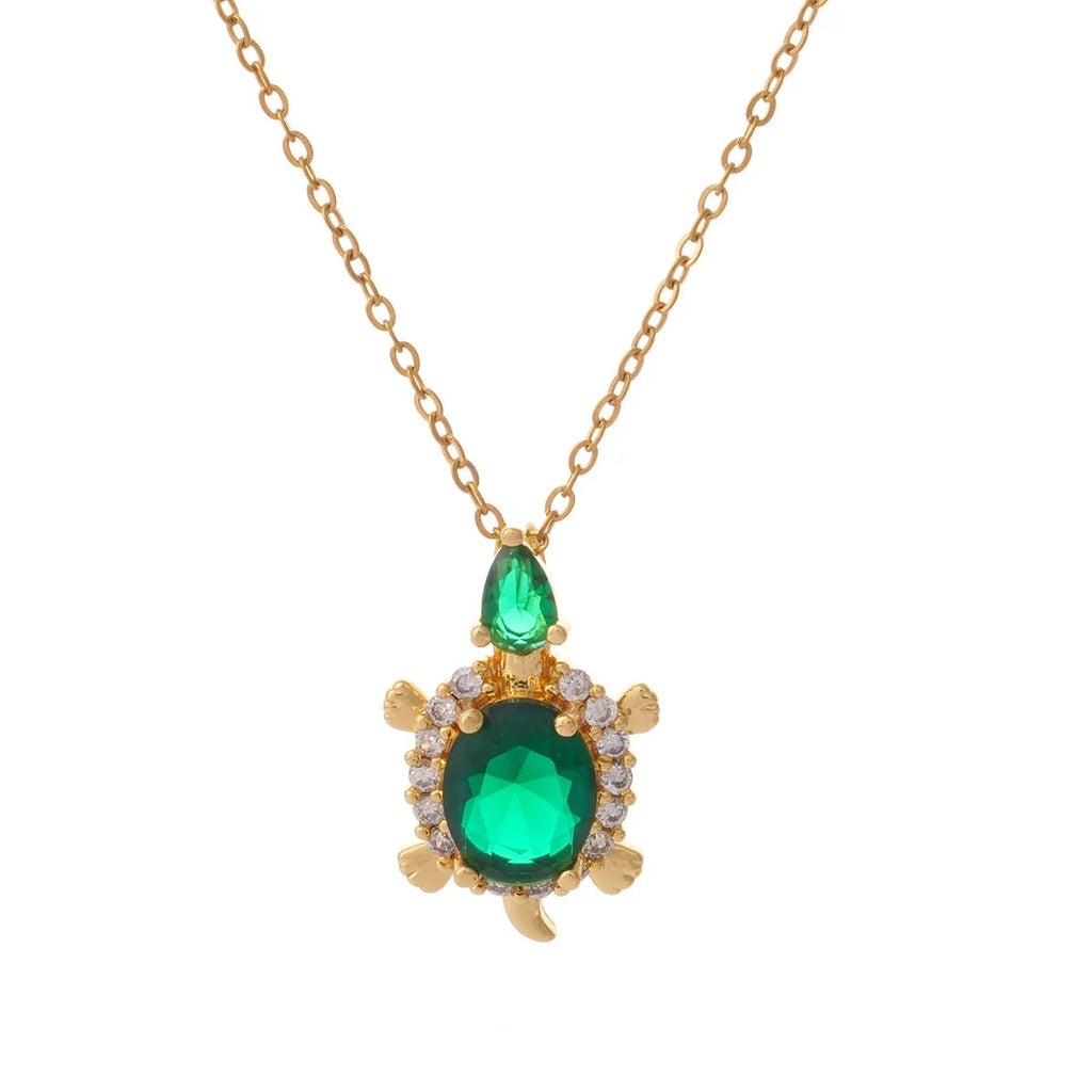 Gold-plated copper sea turtle necklace with zirconium-encrusted inlay on a titanium steel O-link chain