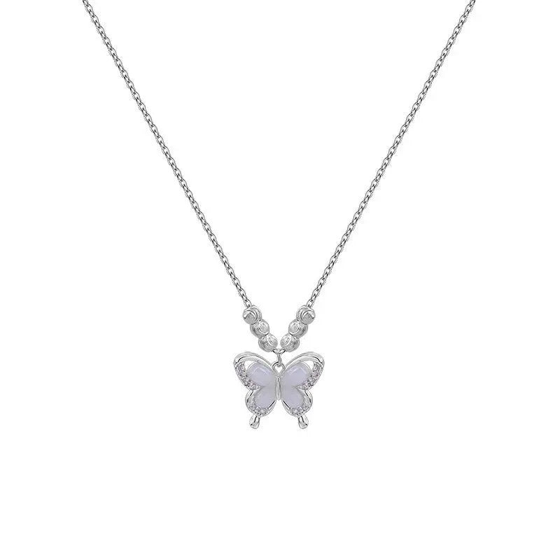 Silver square opal butterfly pendant necklace on a cross chain, adjustable between 41cm and 50cm.