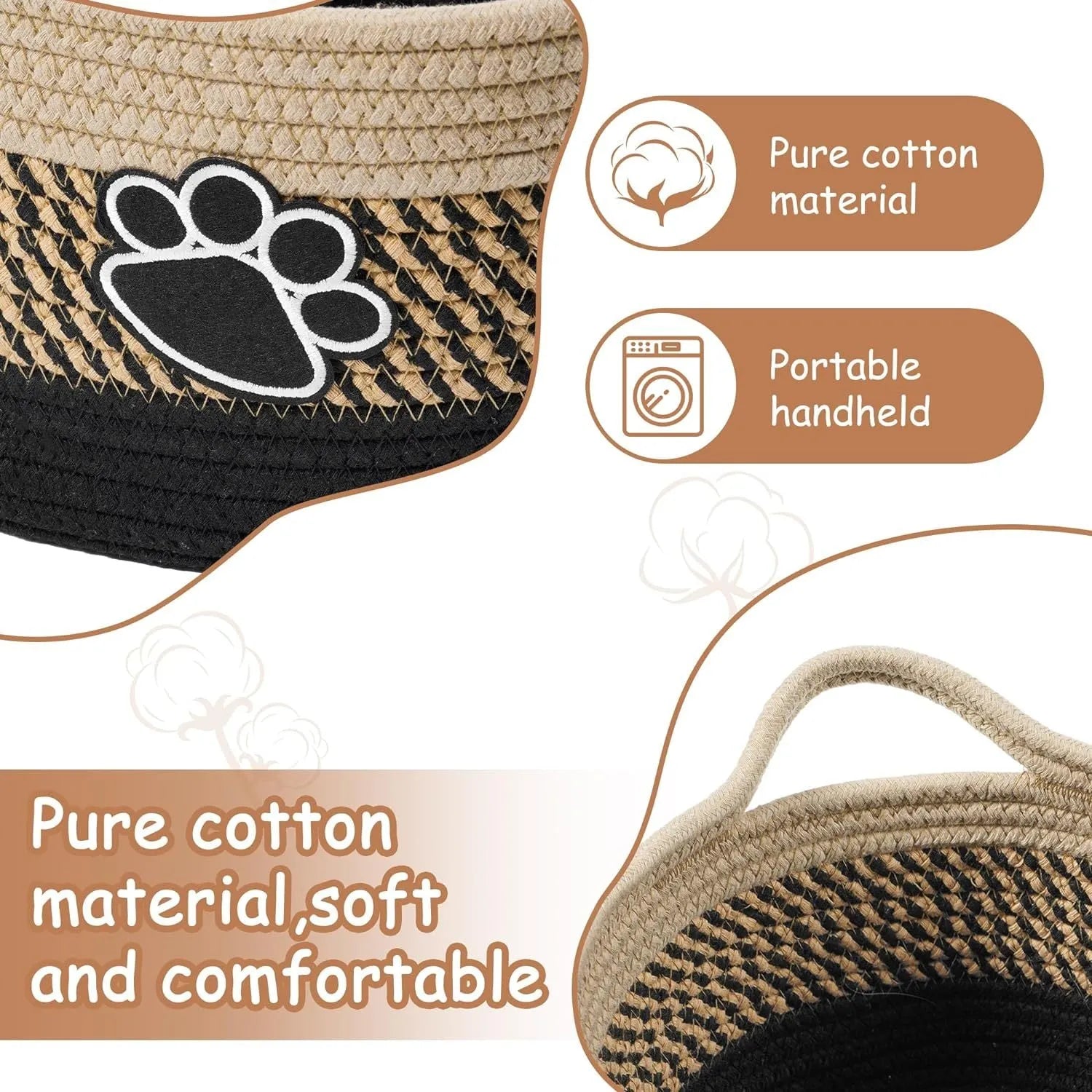Light beige handmade cotton rope storage basket with handle for nursery toys and home organisation