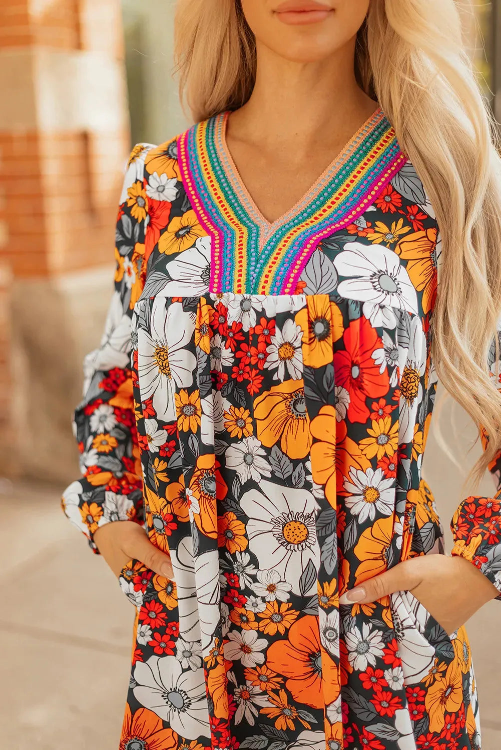 Orange floral print striped lace V neck long sleeve mini dress