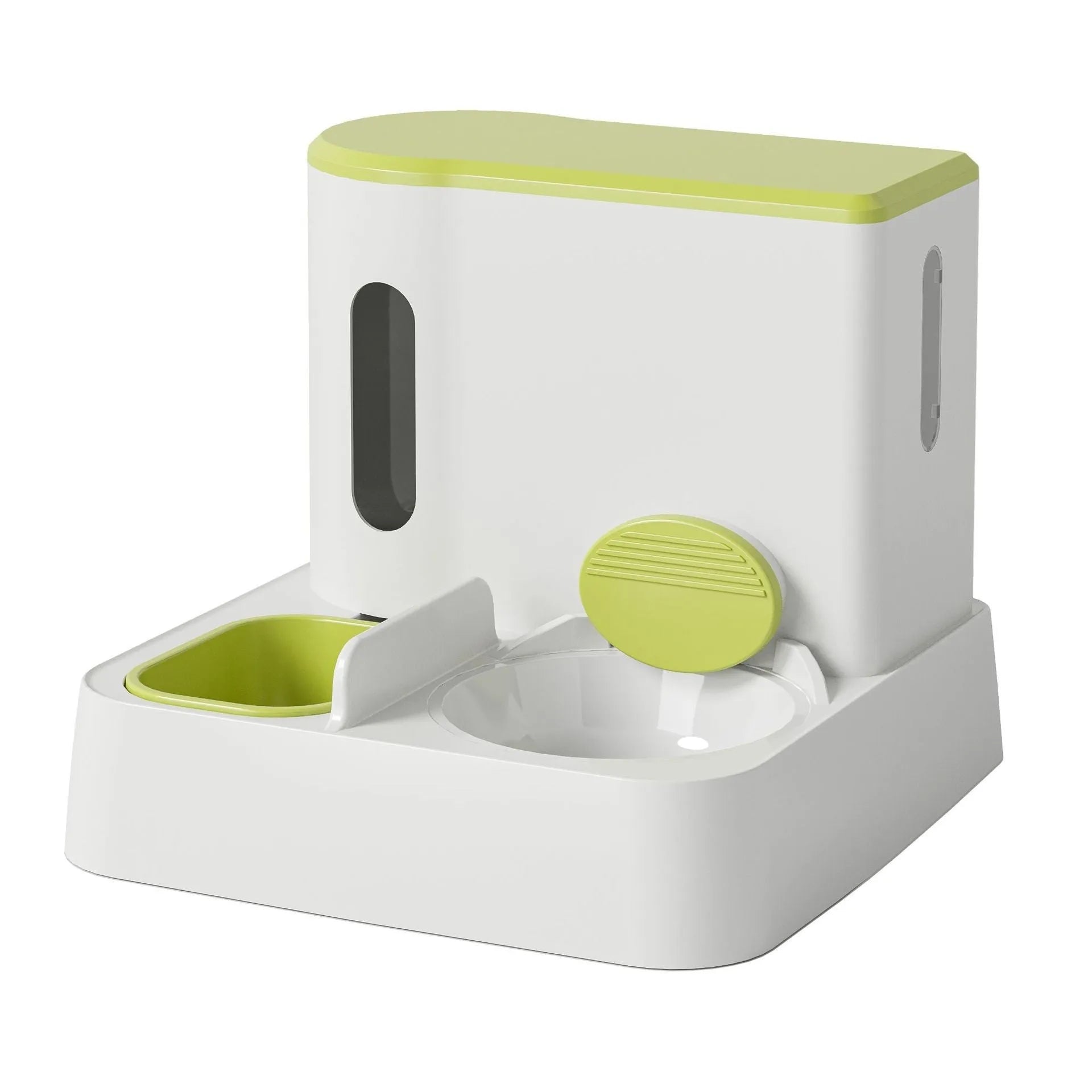 Grey automatic cat feeder and water dispenser station with integrated double bowls