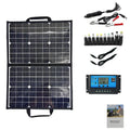 Black folding solar panel bag showing 40W single crystal cells and compact 425mm folded dimensions