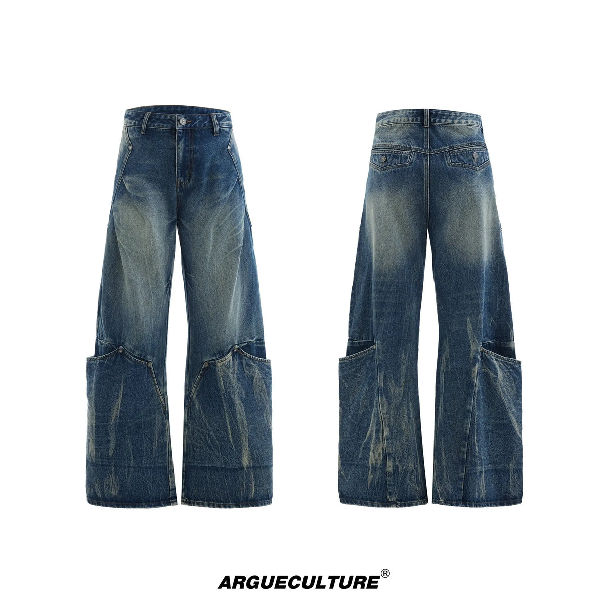 Men's verdant blue jeans with retro washed burst pattern showing curved knife fit and loose styling