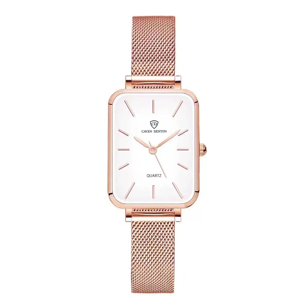 Women's rose gold and silver quartz watch with woven steel belt and 34mm alloy case