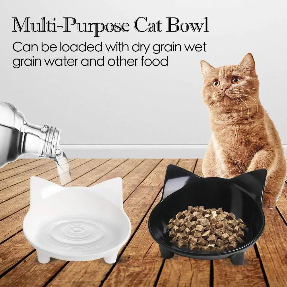Set of four shallow melamine cat bowls with non-slip rubber bases in black and white