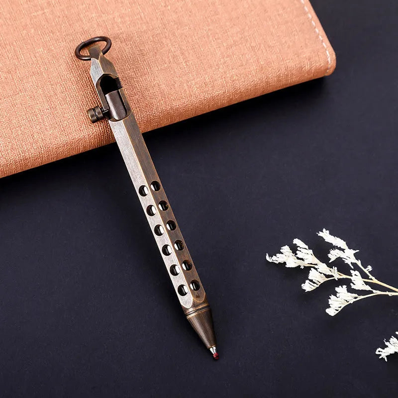 Solid brass hexagonal bolt roller pen showing its 6-angle design and 13cm length.