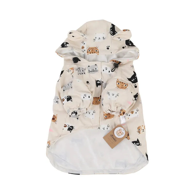 Beige cartoon dog raincoat with waterproof PU coating shown in small animal or cat head design