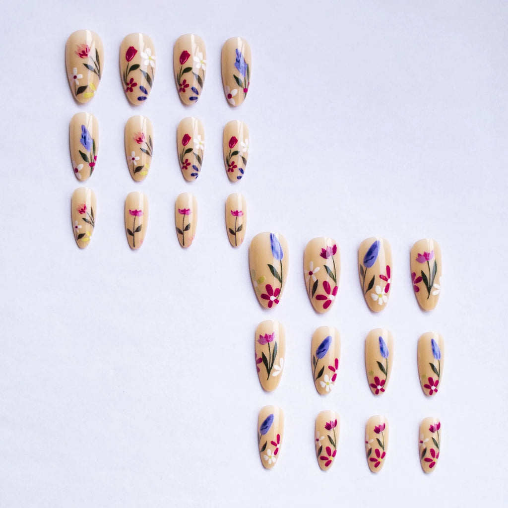 Removable flower armour nail art set with almond shapes and floral patterns