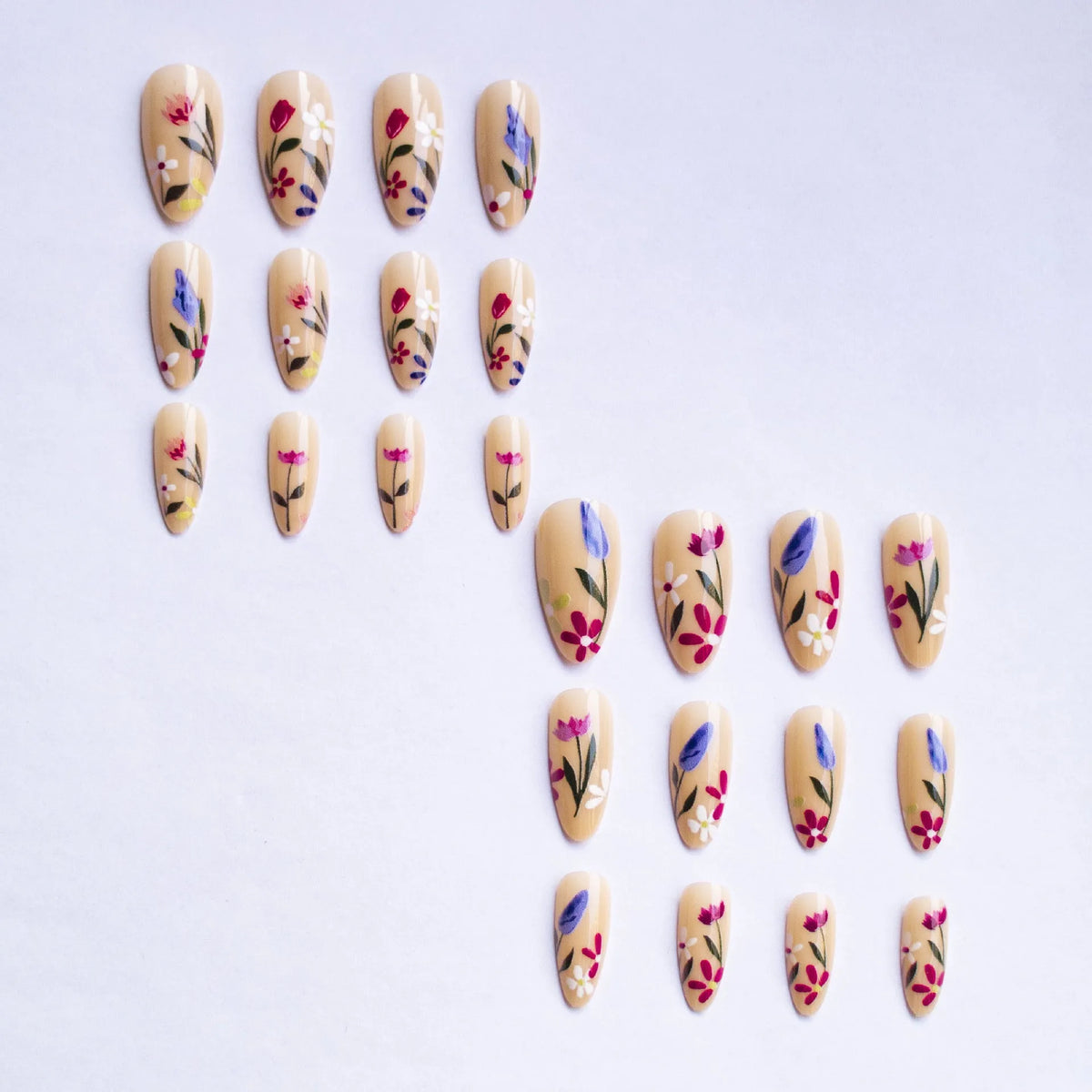 Removable flower armour nail art set with almond shapes and floral patterns