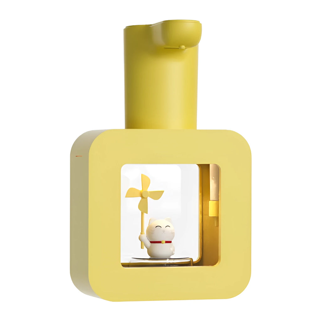 Yellow automatic soap dispenser with unicorn cartoon design for kids featuring touchless infrared sensor