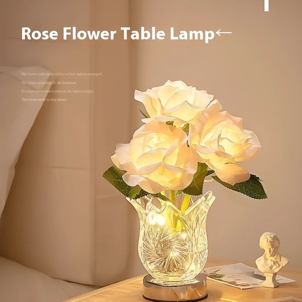 Modern crystal flowers design rechargeable touch table lamp on a bedside table.