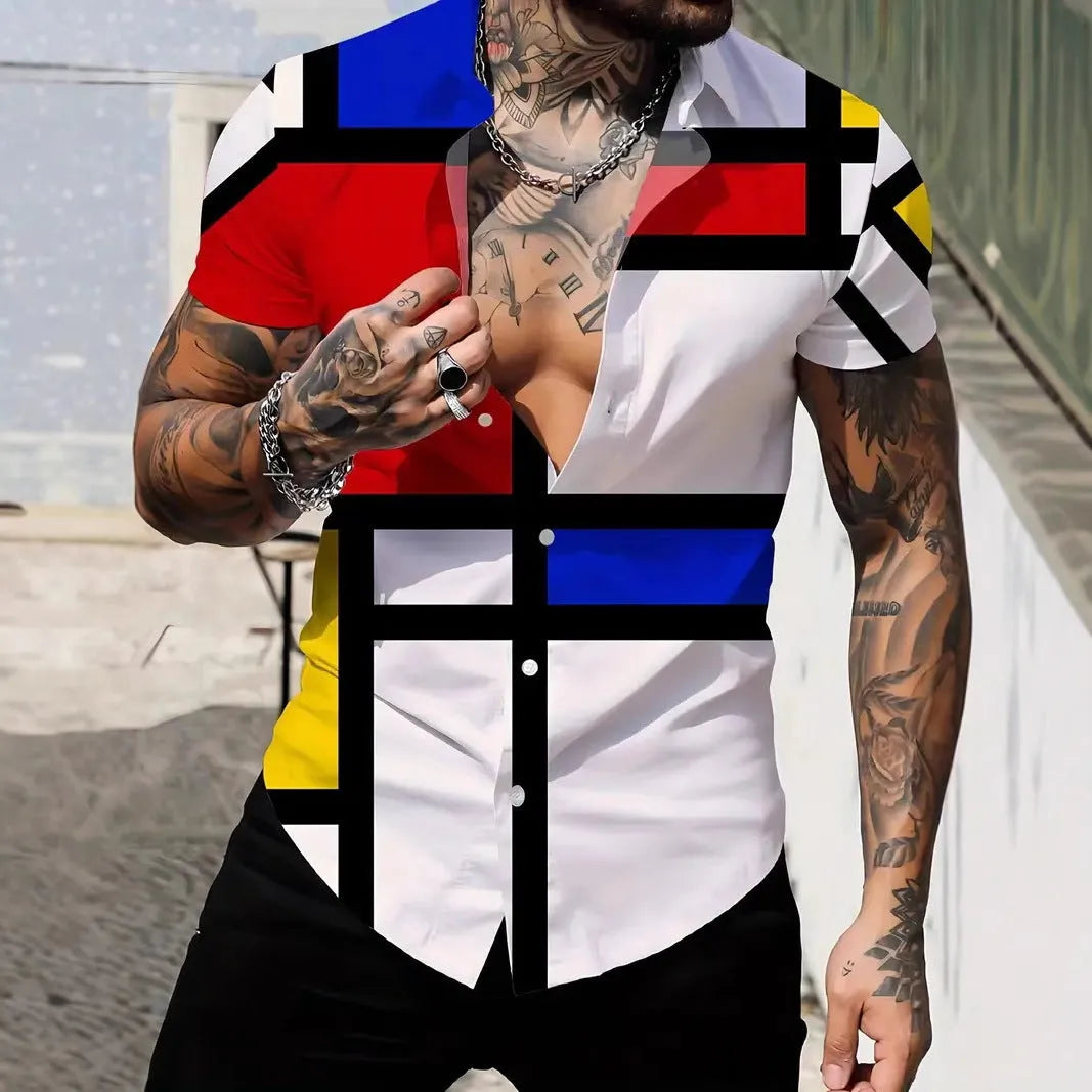 Men's slim-fit short sleeve shirt with geometric line pattern on lapel, in a selection of colours.