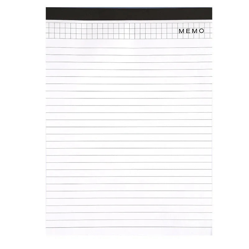 A4 tearable notebook with grid-lined pages and paper cover, showing adhesive binding.