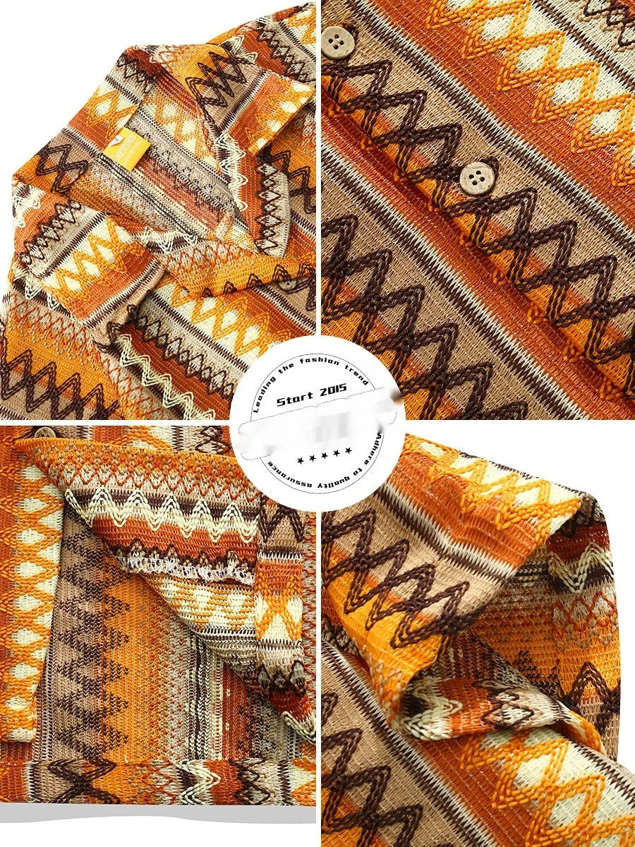 Loose fit Cuban collar shirt in a woven contrast colour pattern with drop-shoulder short sleeves.