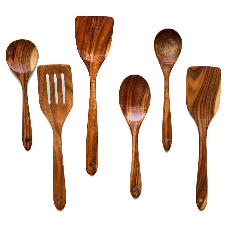 Seven-piece wooden cooking utensil set with spoon and shovel items for non-stick pans
